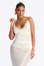 Women’s Elegant Cream Satin Lace Midi Dress