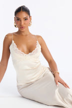 Women’s Elegant Cream Satin Lace Midi Dress