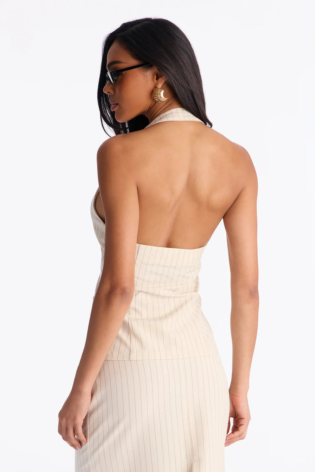 Women’s Beige Pinstripe Vest & Midi Skirt Two-Piece Set