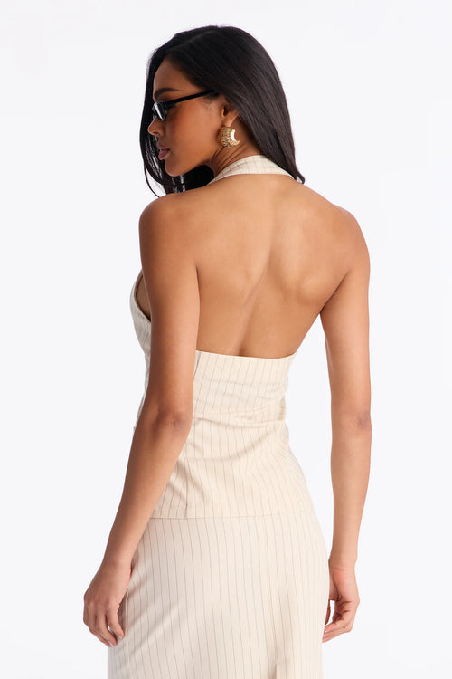 Women’s Beige Pinstripe Vest & Midi Skirt Two-Piece Set
