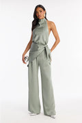 Women’s Sage Green Halter Neck Wide-Leg Pants Set