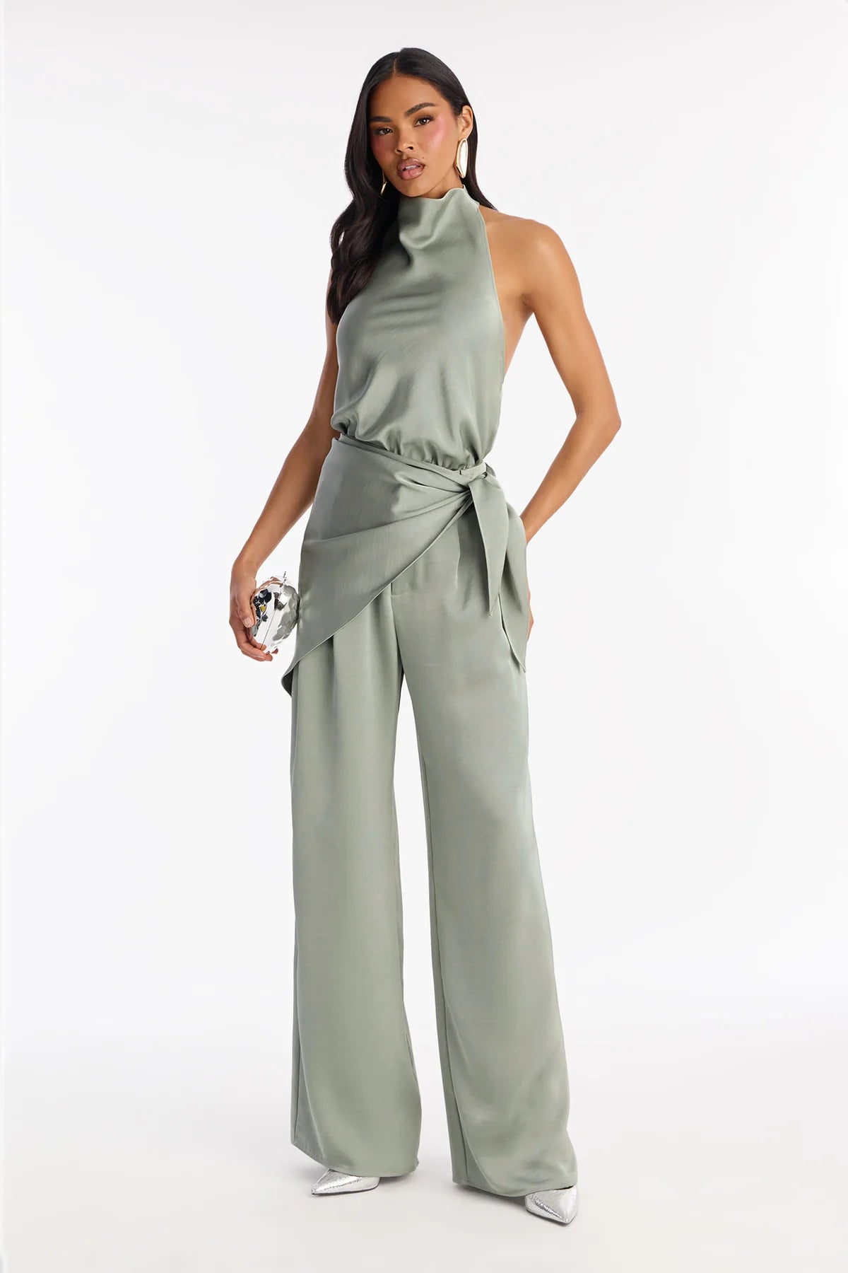 Women’s Sage Green Halter Neck Wide-Leg Pants Set