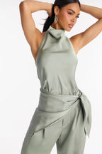 Women’s Sage Green Halter Neck Wide-Leg Pants Set
