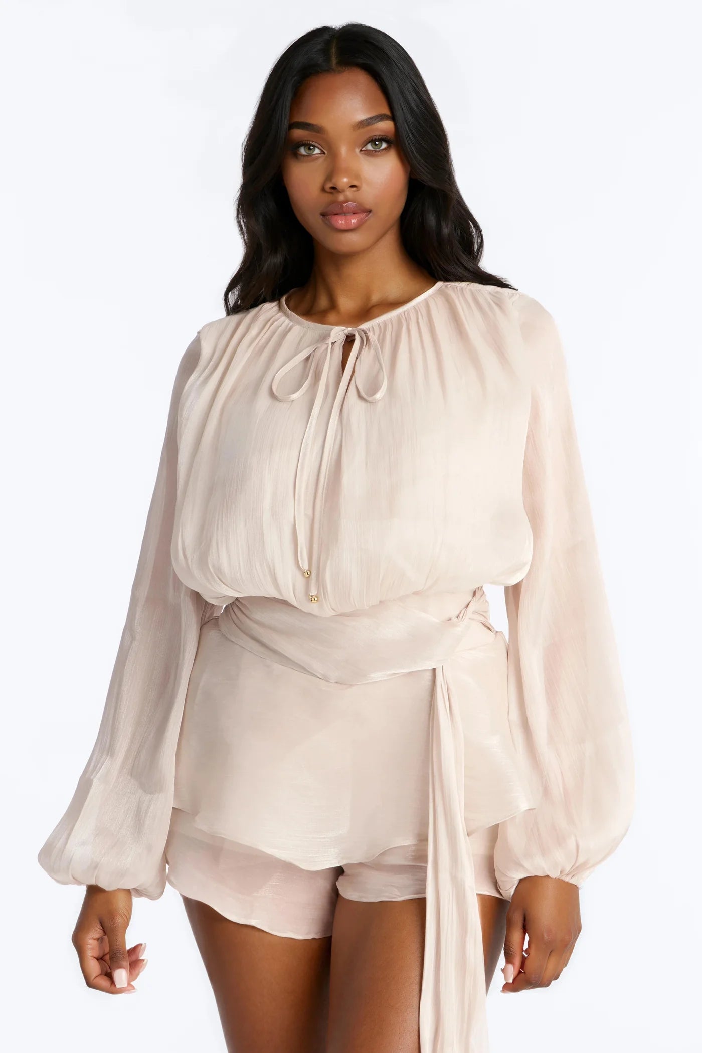 Women’s Elegant Cream Two-Piece Chiffon Set (Blouse & Shorts)