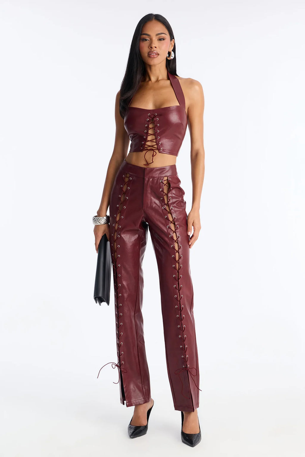 Women’s Burgundy Faux Leather Lace-Up Two-Piece Pants Set