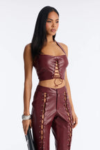 Women’s Burgundy Faux Leather Lace-Up Two-Piece Pants Set