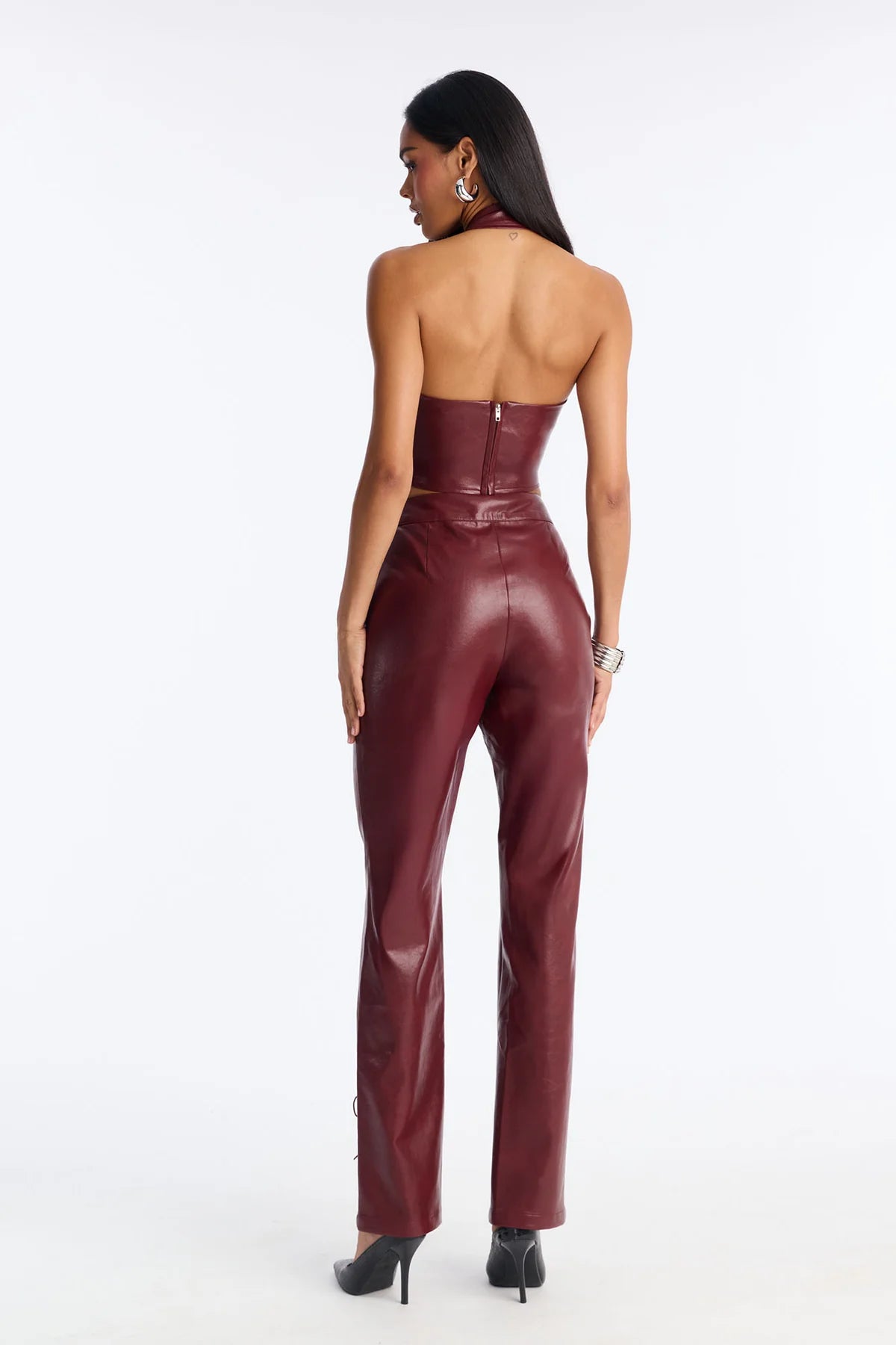 Women’s Burgundy Faux Leather Lace-Up Two-Piece Pants Set