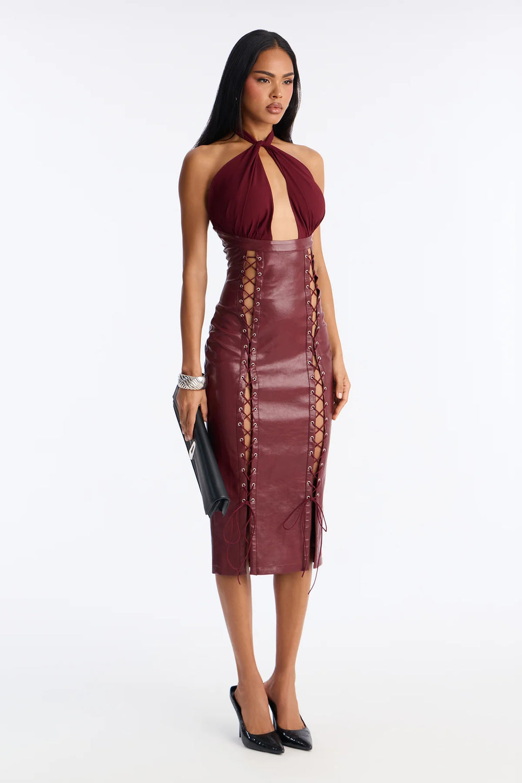 Women’s Burgundy Faux Leather Lace-Up Halter Midi Dres