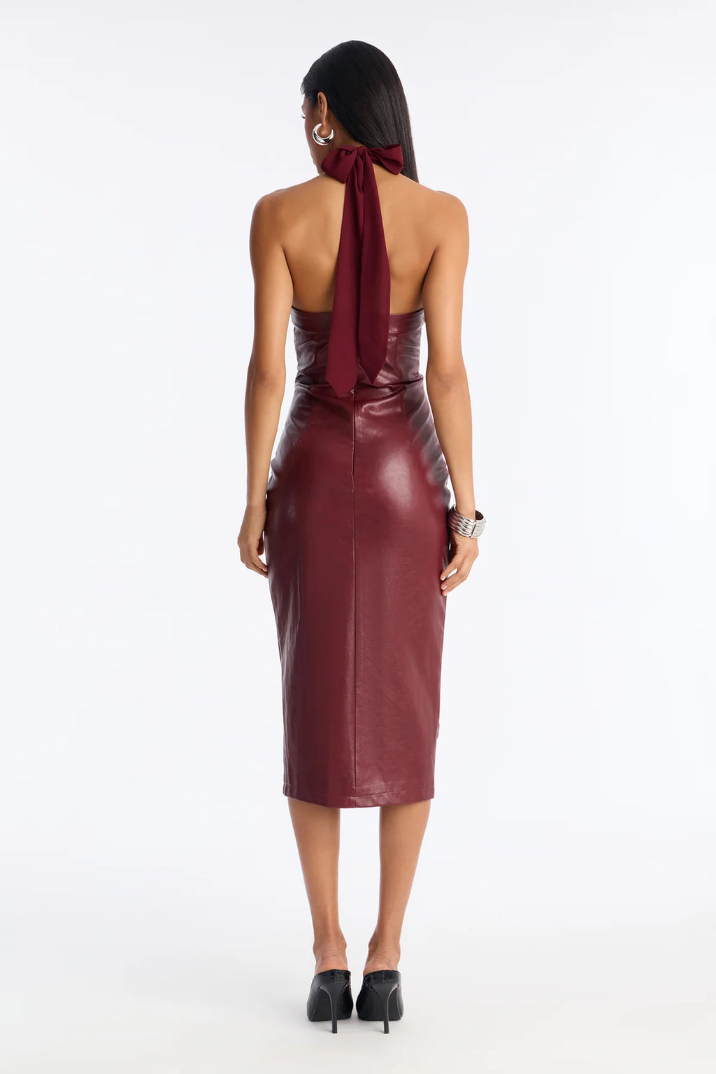 Women’s Burgundy Faux Leather Lace-Up Halter Midi Dres