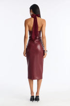 Women’s Burgundy Faux Leather Lace-Up Halter Midi Dres