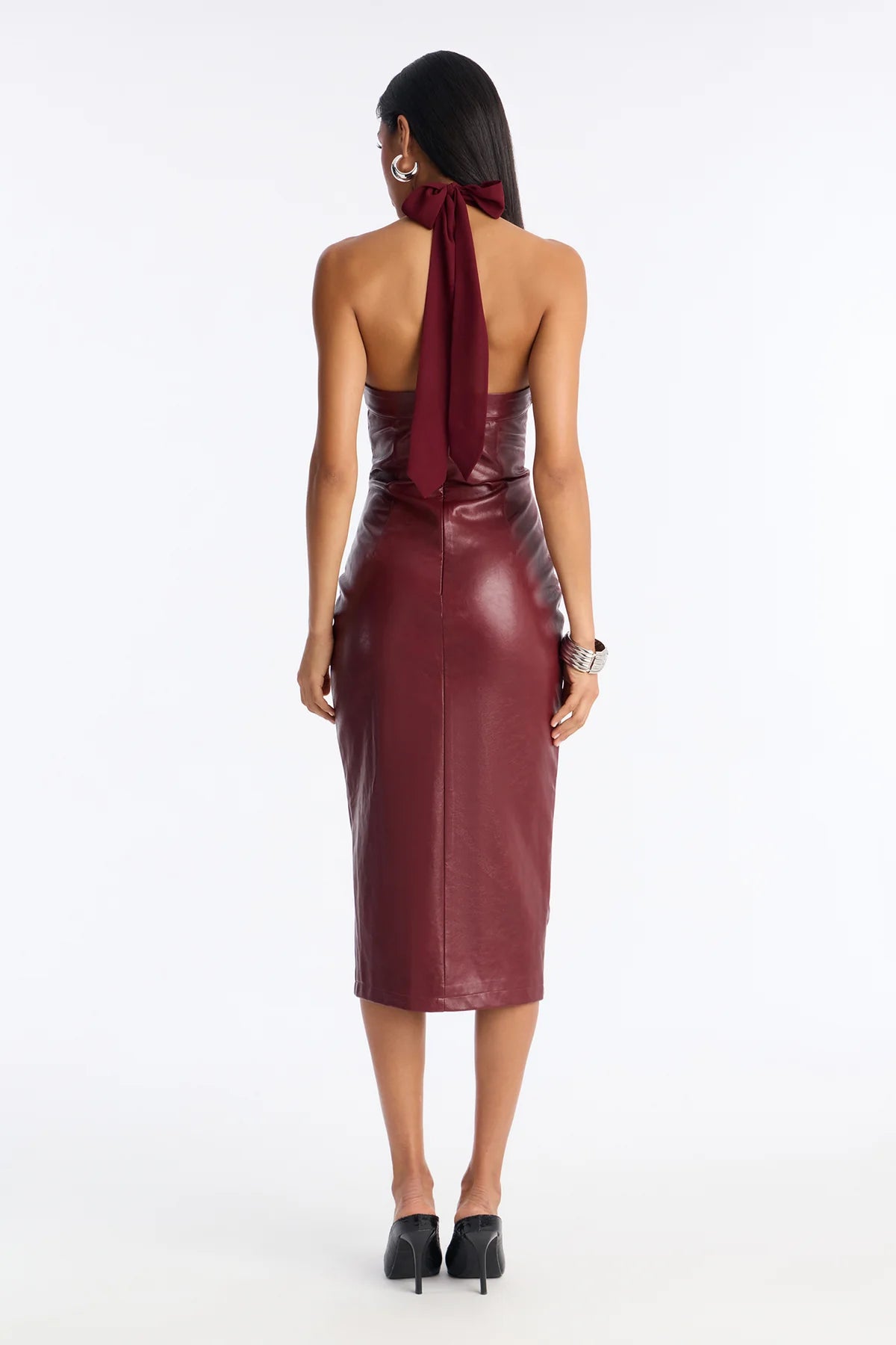 Women’s Burgundy Faux Leather Lace-Up Halter Midi Dres