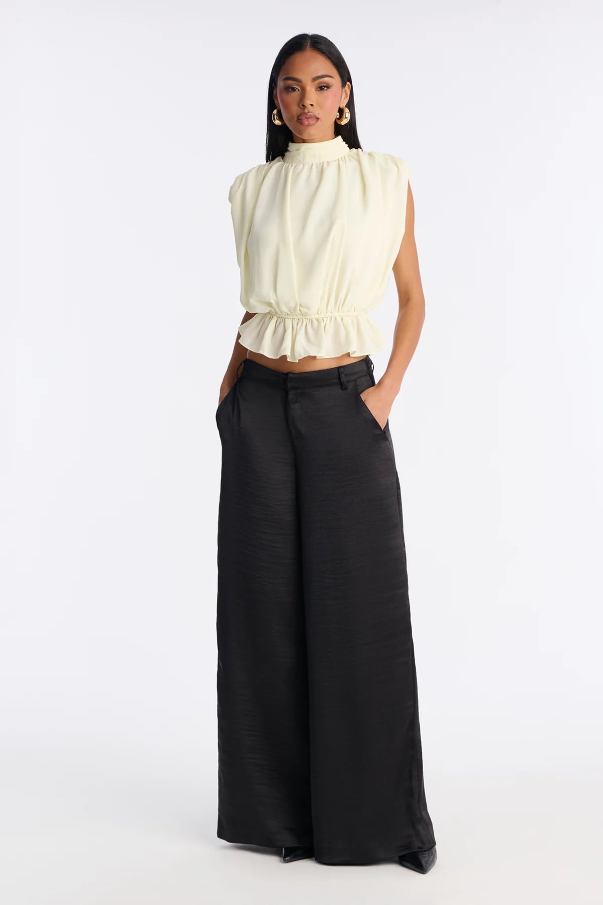 Women’s Elegant Cream Sleeveless Top & Black Wide-Leg Pants Set
