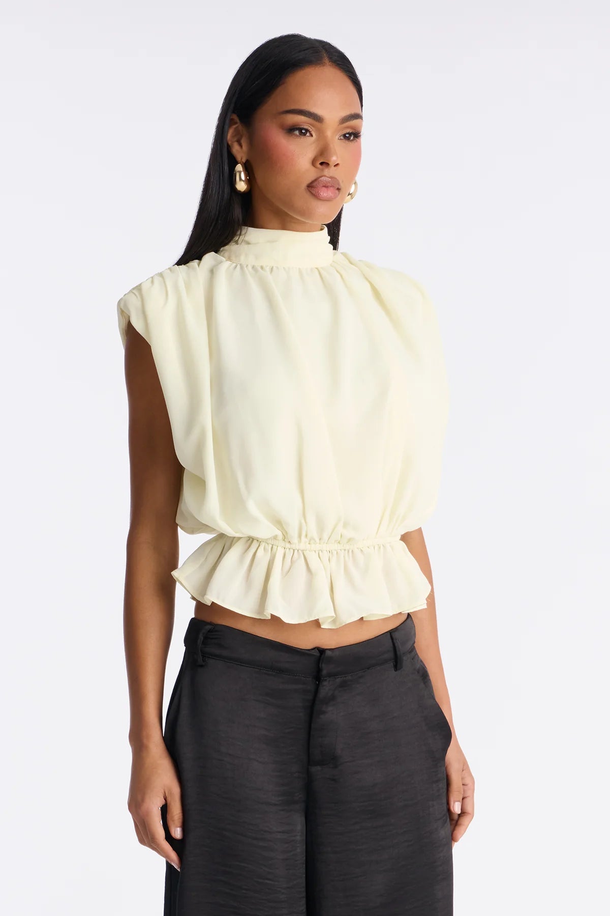 Women’s Elegant Cream Sleeveless Top & Black Wide-Leg Pants Set