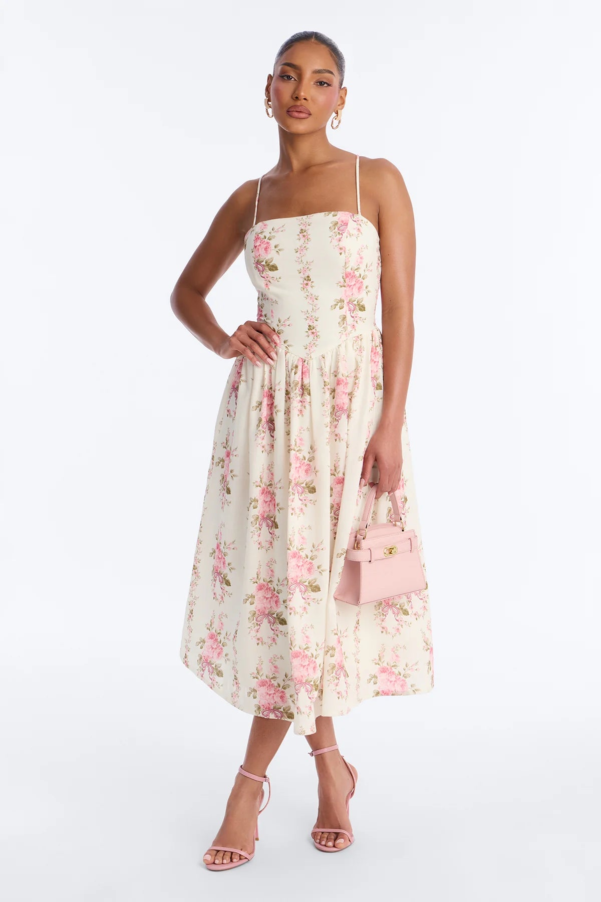 Women’s Cream Floral Spaghetti Strap Midi Dress