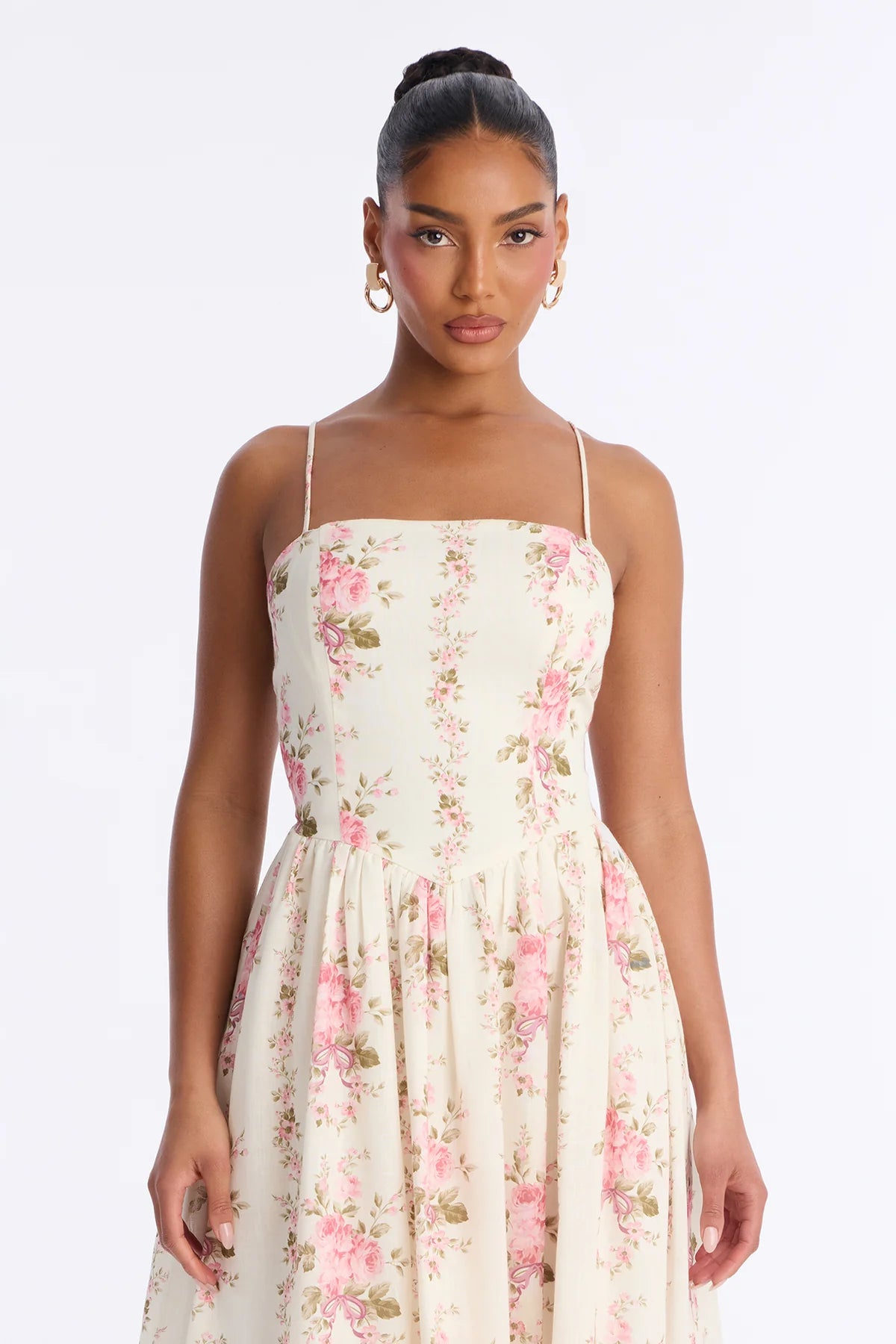Women’s Cream Floral Spaghetti Strap Midi Dress