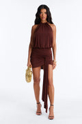 Women’s Chocolate Brown Halter Neck Ruched Mini Dress