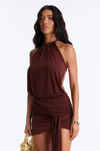 Women’s Chocolate Brown Halter Neck Ruched Mini Dress