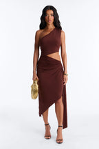 Women’s Chocolate Brown One-Shoulder Cut-Out Midi Dress