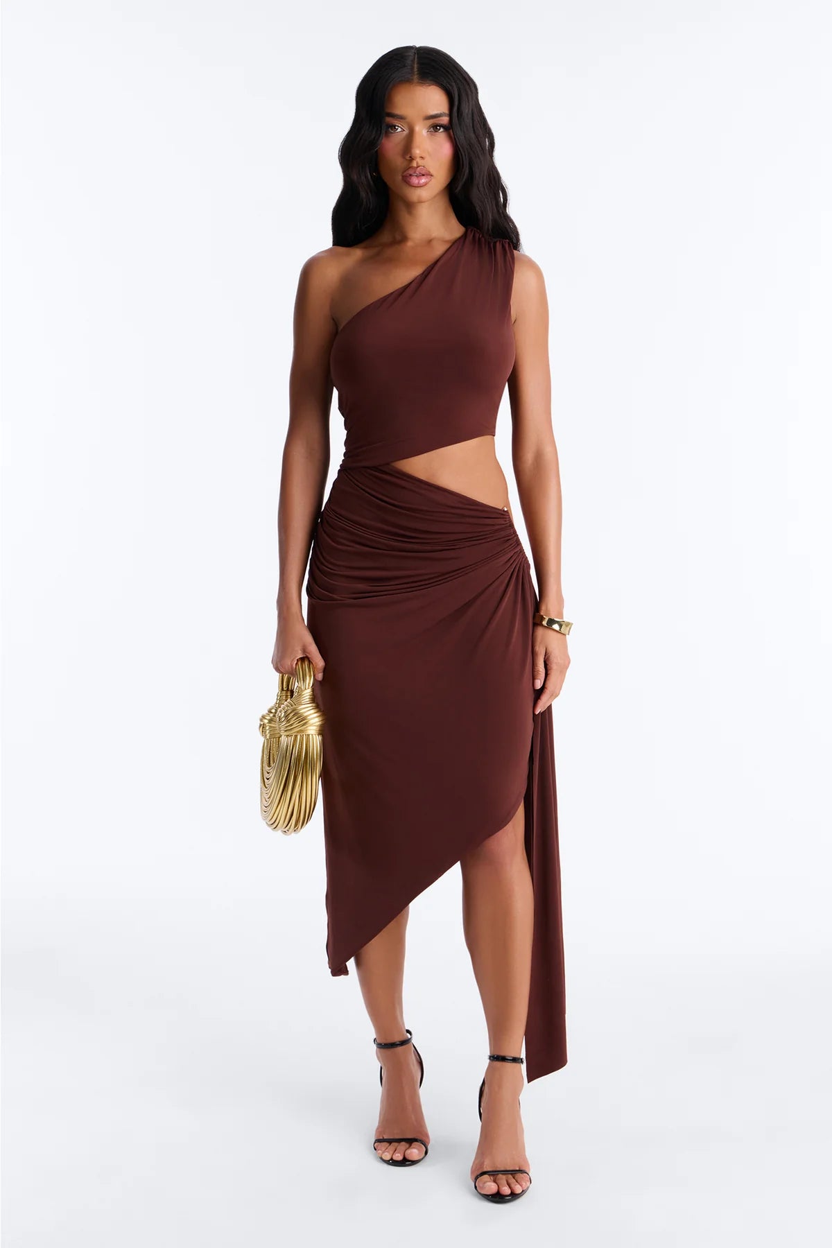 Women’s Chocolate Brown One-Shoulder Cut-Out Midi Dress