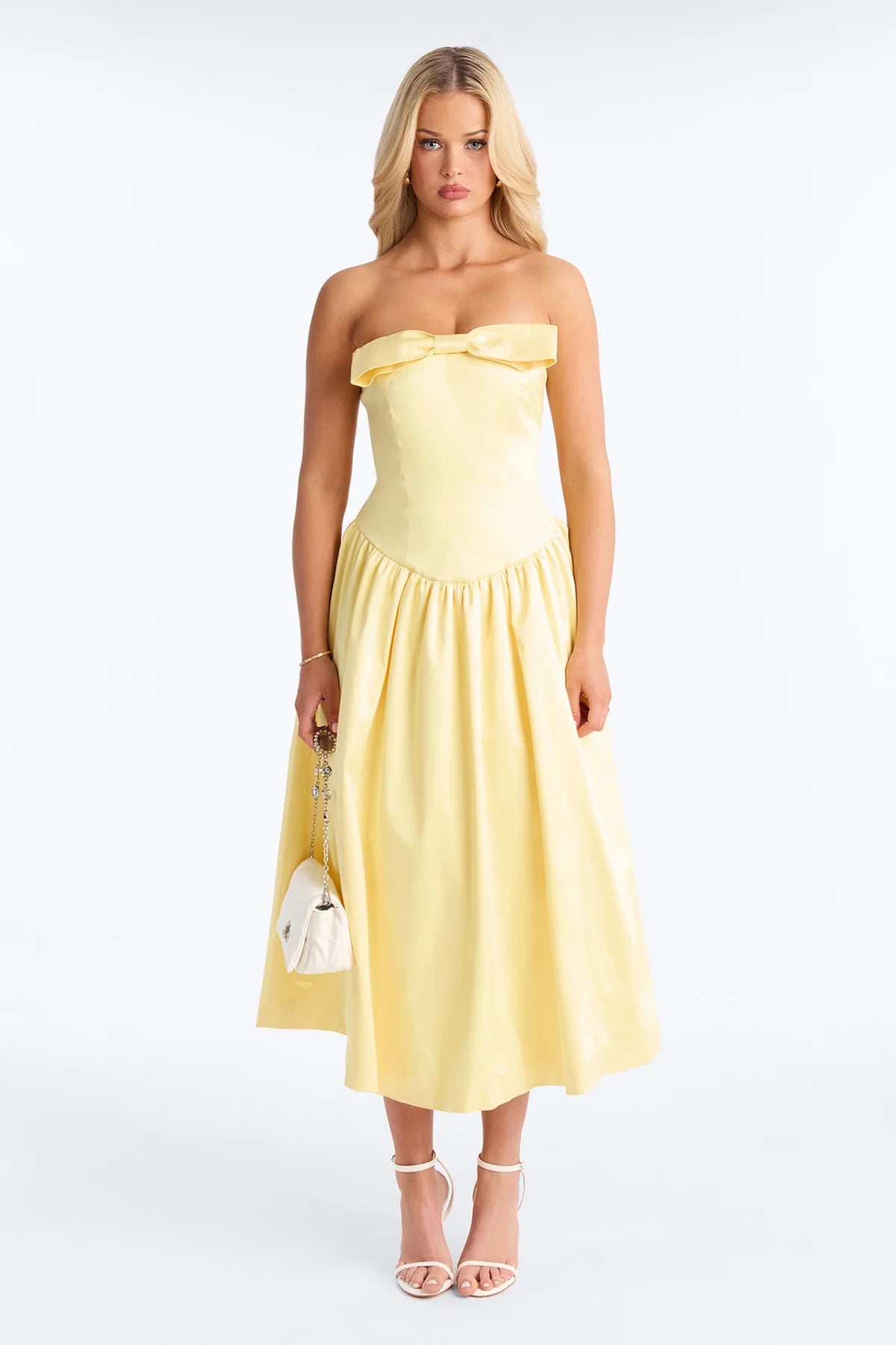 Women’s Elegant Yellow Strapless Bow Midi Dress