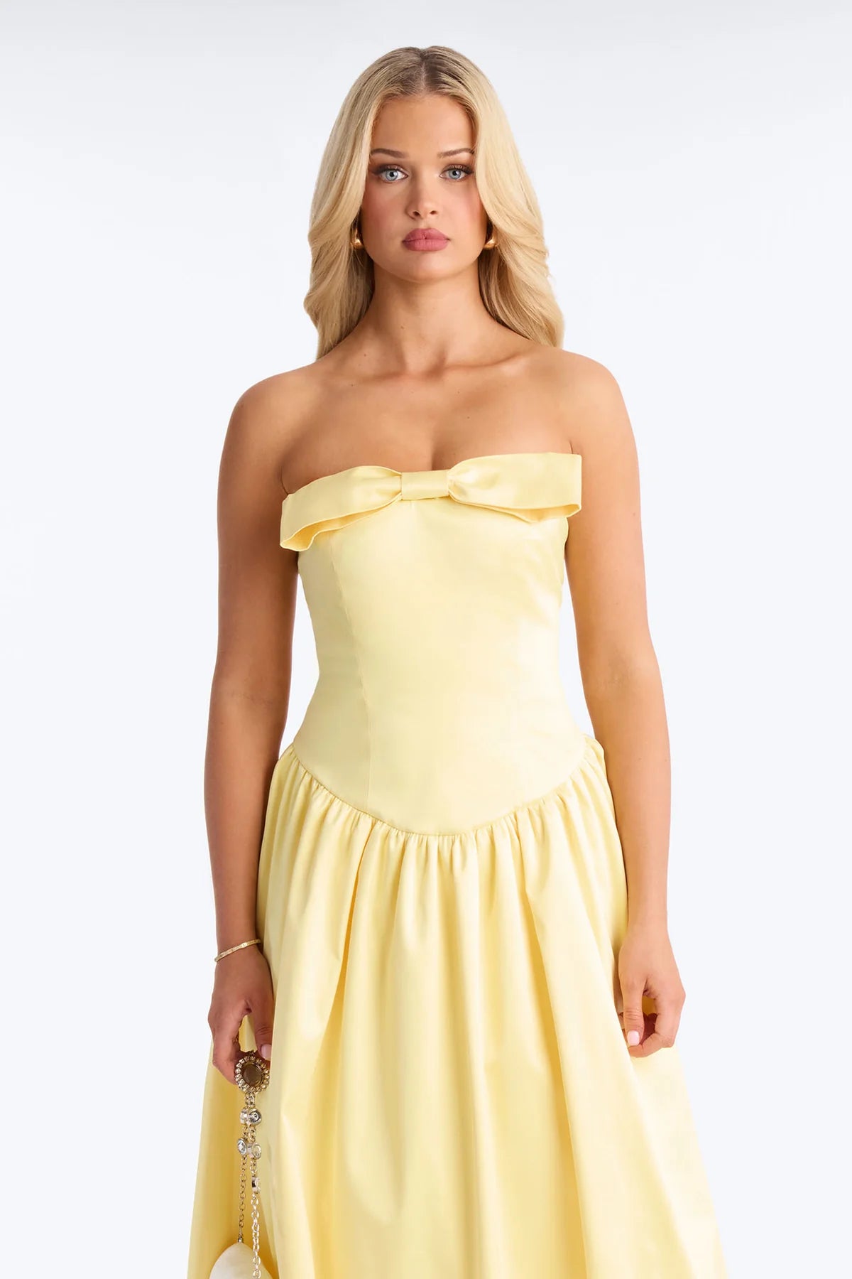 Women’s Elegant Yellow Strapless Bow Midi Dress