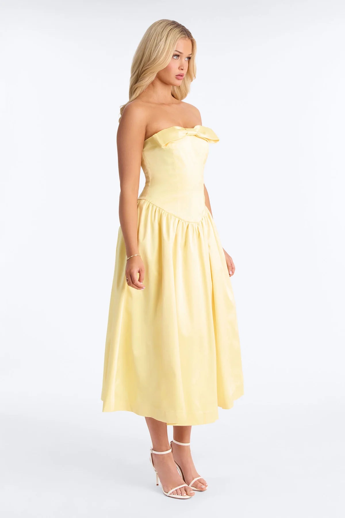 Women’s Elegant Yellow Strapless Bow Midi Dress