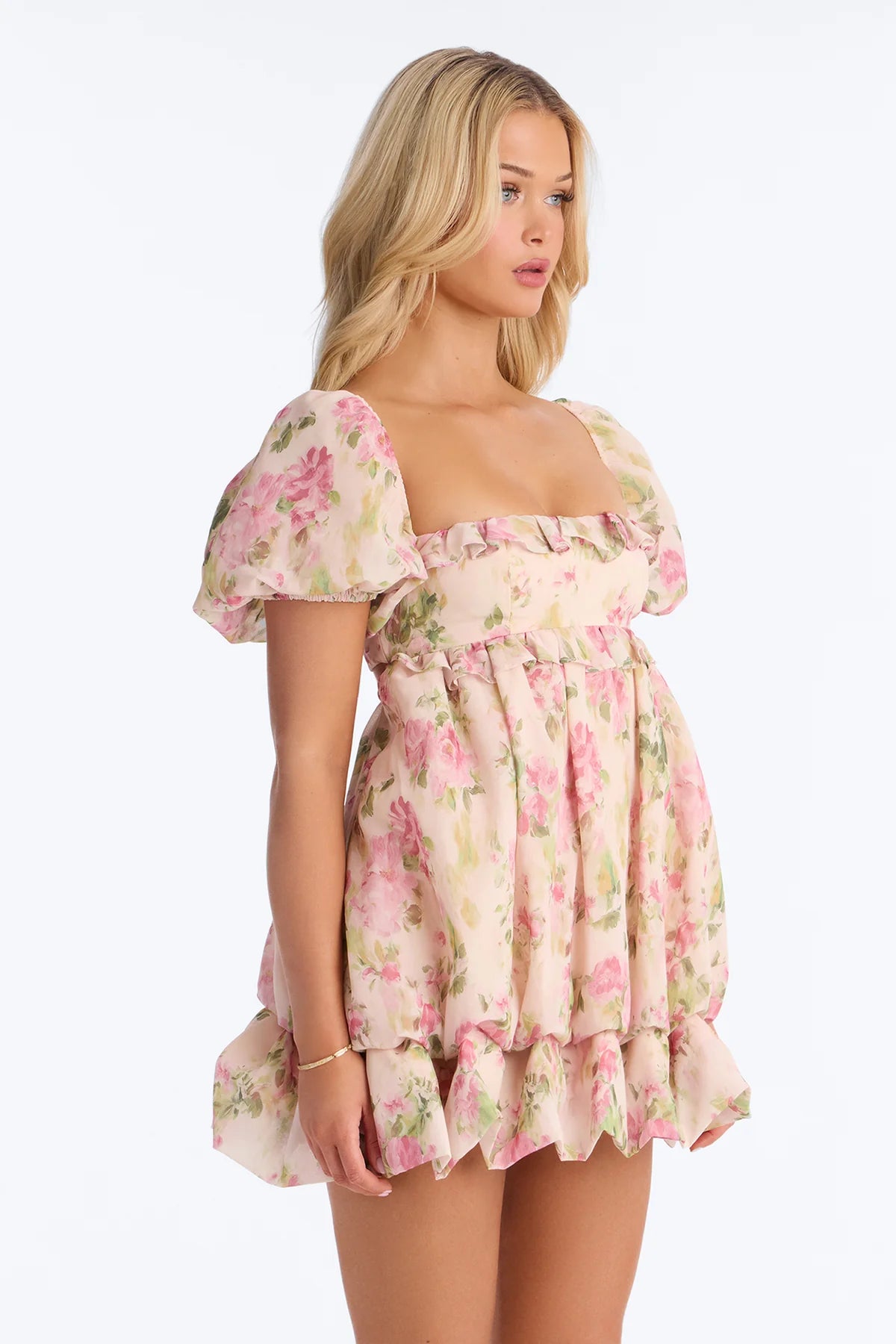 Women’s Pink Floral Puff Sleeve Mini Dress