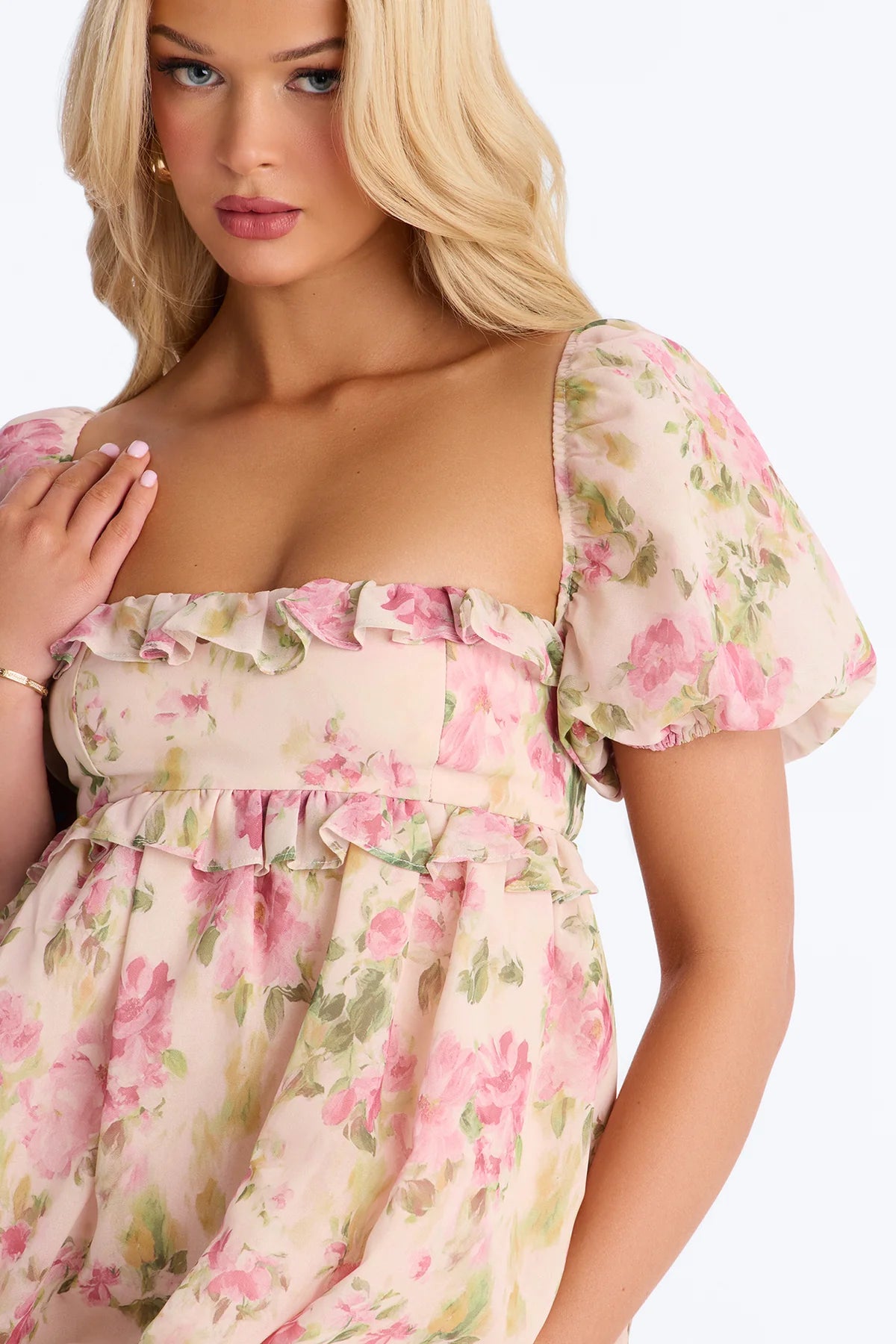 Women’s Pink Floral Puff Sleeve Mini Dress
