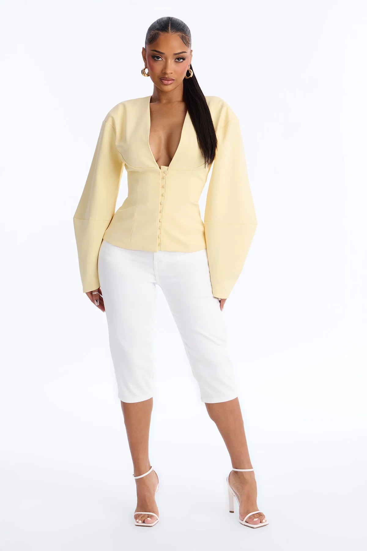 Women’s Elegant Yellow Top & White Pants Two-Piece Outfit