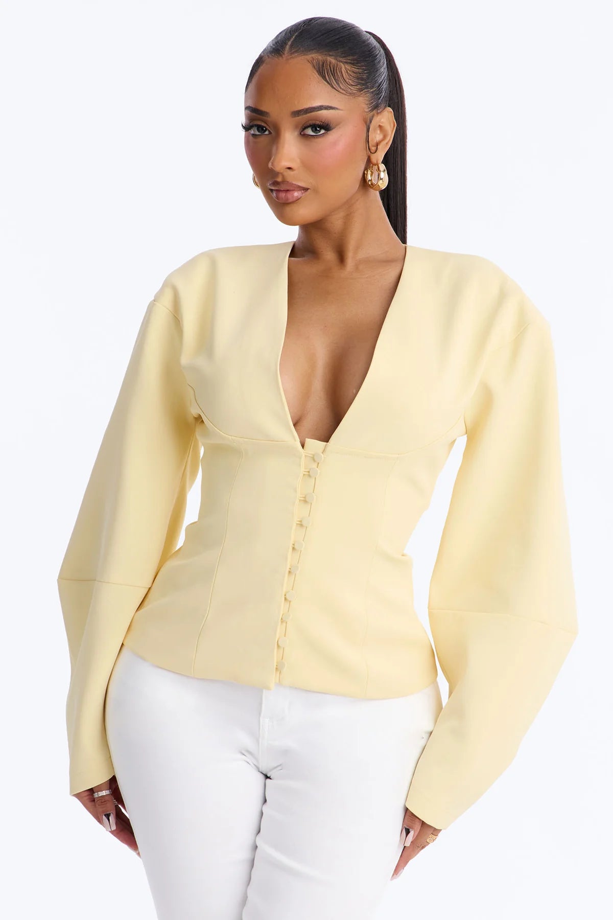 Women’s Elegant Yellow Top & White Pants Two-Piece Outfit