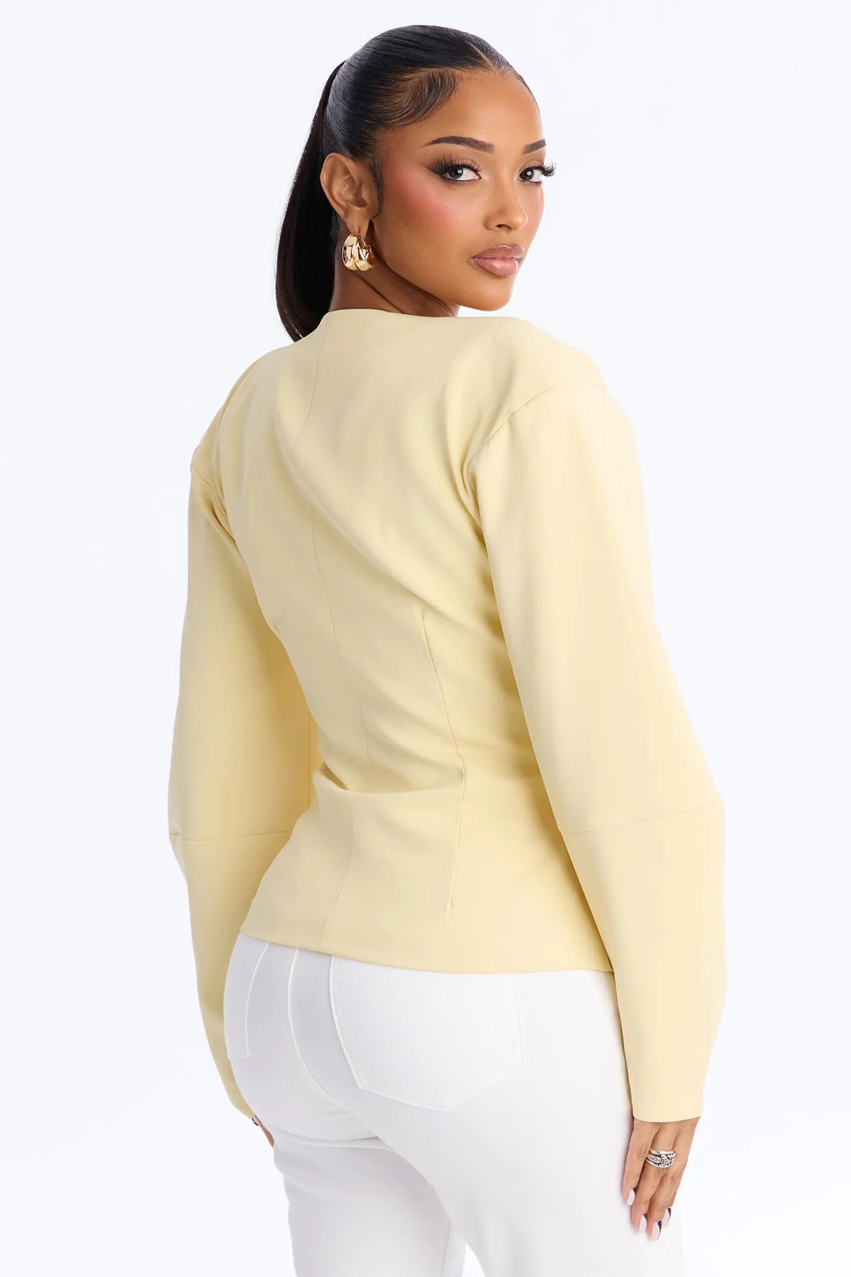 Women’s Elegant Yellow Top & White Pants Two-Piece Outfit