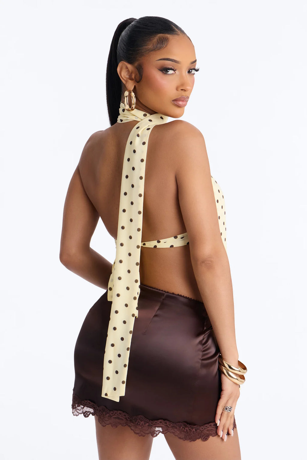 Women’s Cream Polka Dot Halter Neck Scarf Top