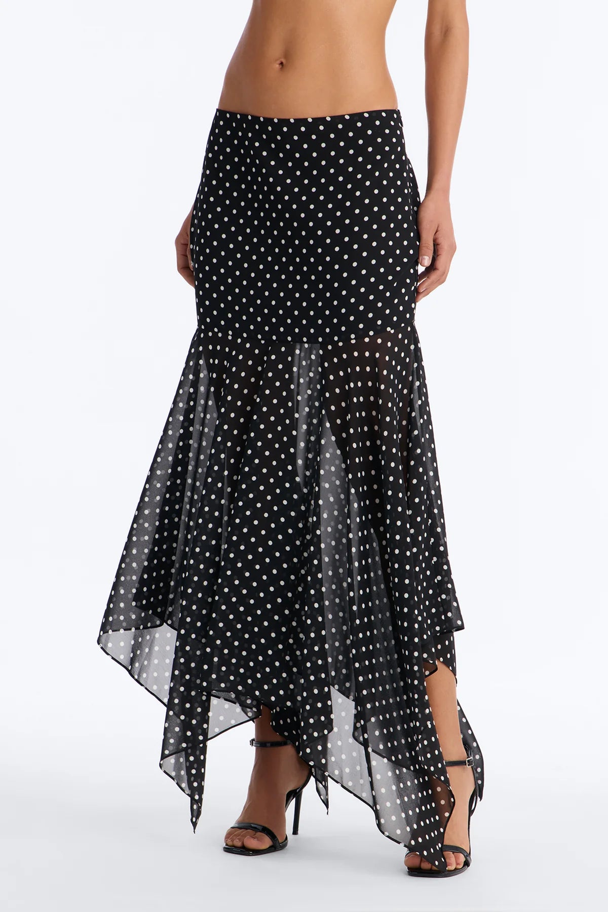 Women’s Black Polka Dot Asymmetrical Midi Skirt