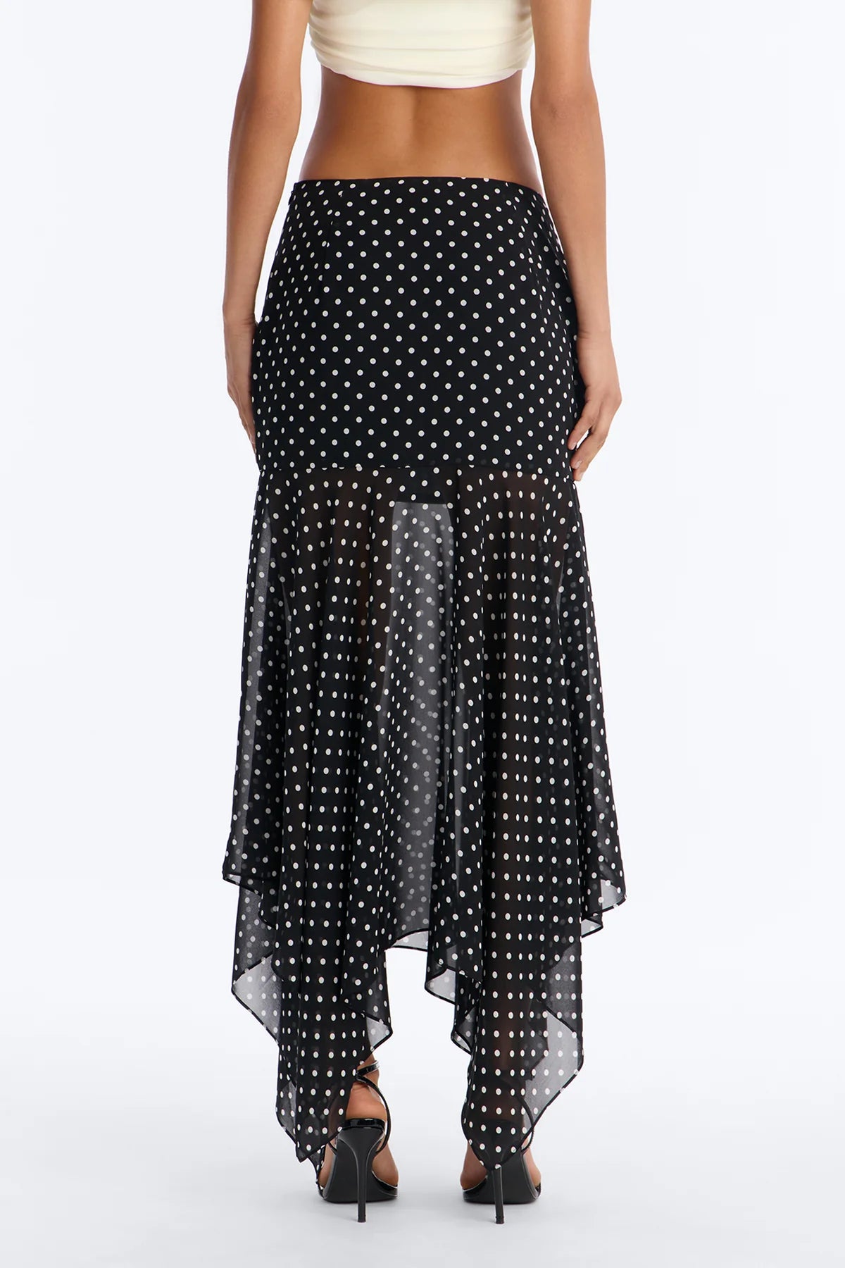 Women’s Black Polka Dot Asymmetrical Midi Skirt