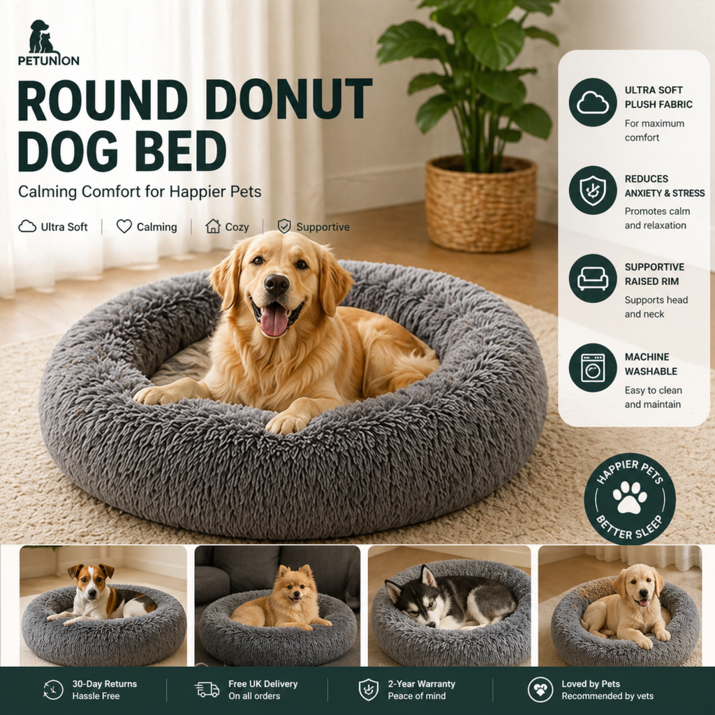 Calming Round Donut Dog Bed – Ultra Soft Anti-Anxiety Pet Bed