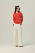 Women’s Red Ribbed Button-Down Knit Cardigan Shirt