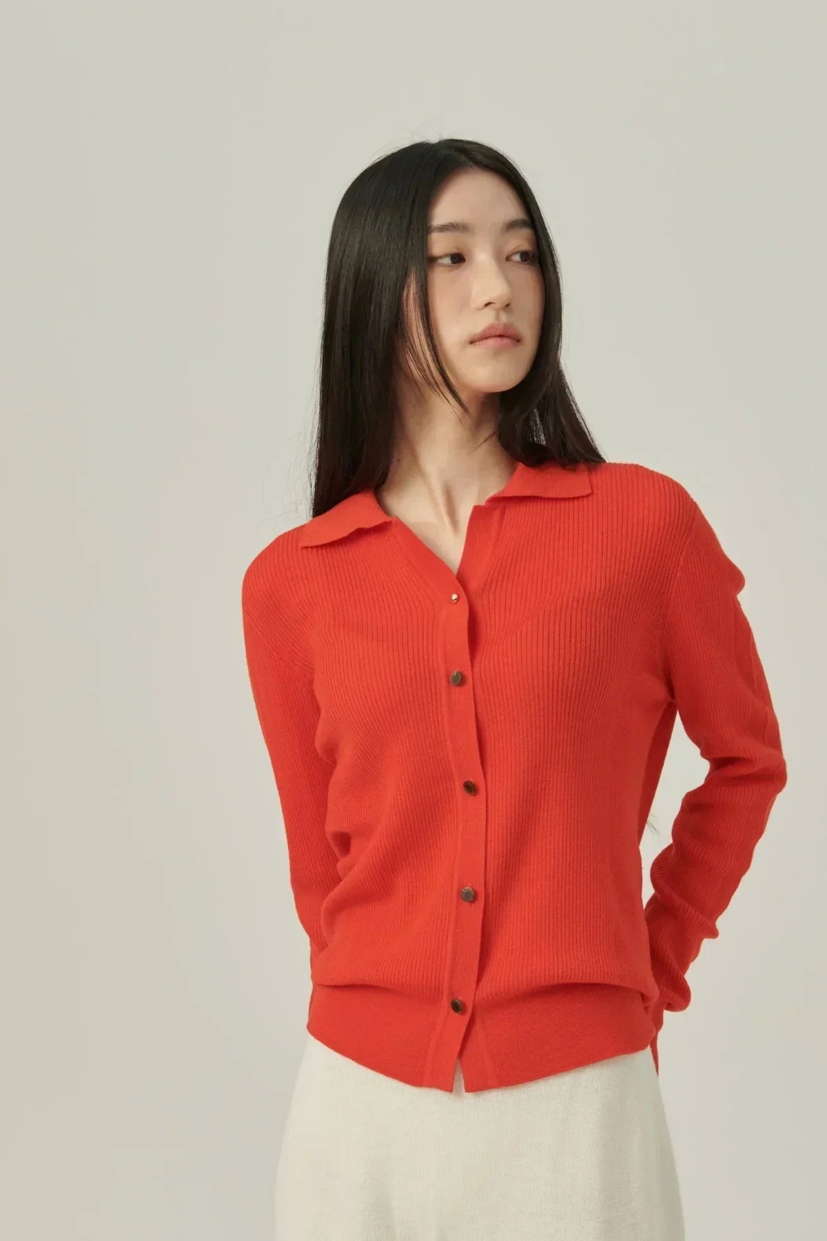 Women’s Red Ribbed Button-Down Knit Cardigan Shirt