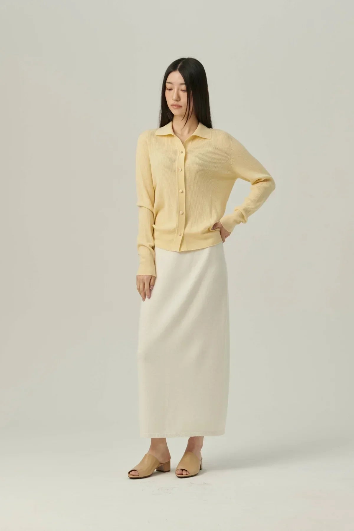 Women’s Soft Yellow Button-Down Knit Cardigan Shirt