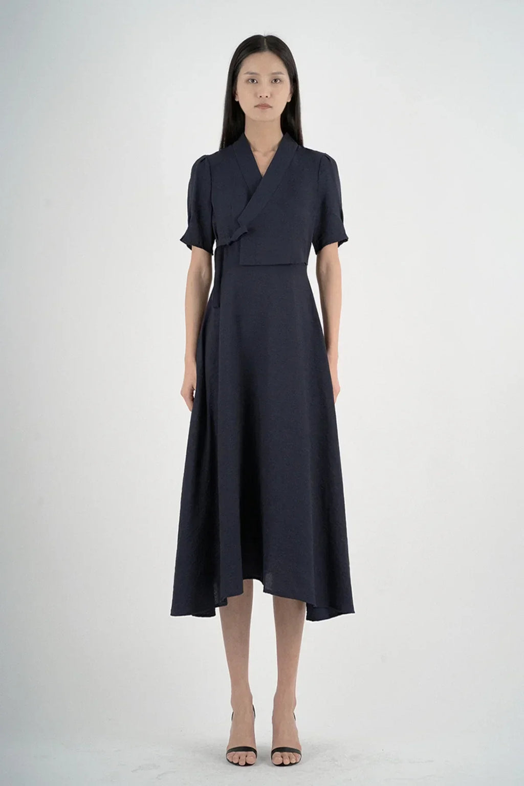 Women’s Elegant Navy Blue Tie-Waist Midi Dress