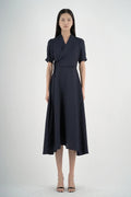 Women’s Elegant Navy Blue Tie-Waist Midi Dress