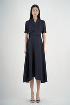 Women’s Elegant Navy Blue Tie-Waist Midi Dress