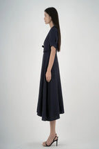 Women’s Elegant Navy Blue Tie-Waist Midi Dress
