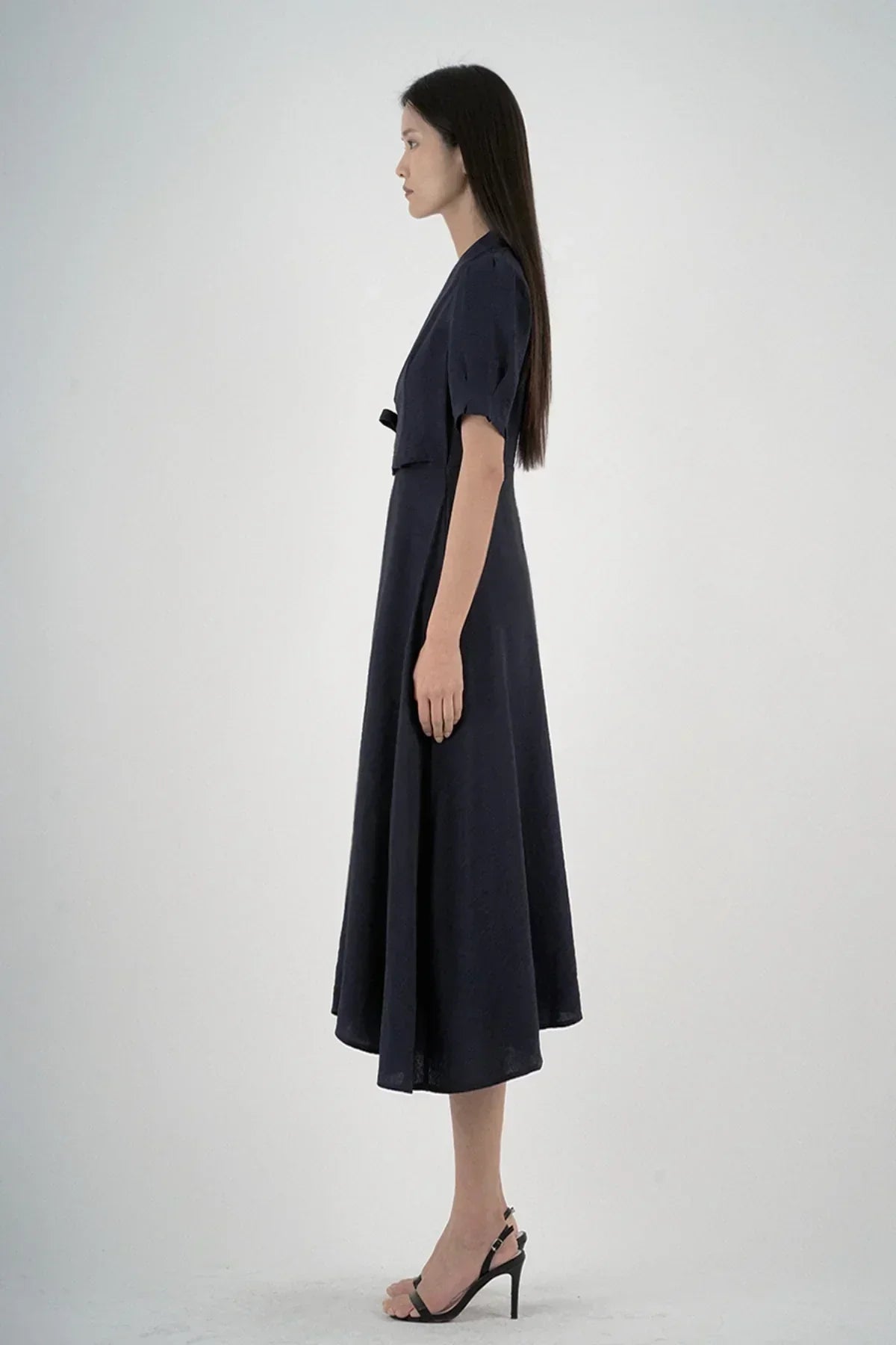 Women’s Elegant Navy Blue Tie-Waist Midi Dress