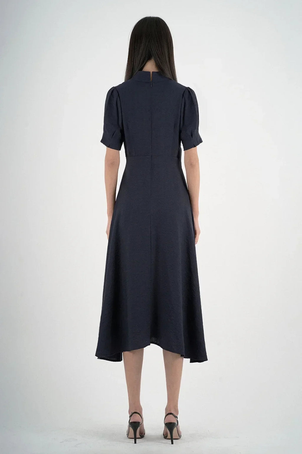 Women’s Elegant Navy Blue Tie-Waist Midi Dress