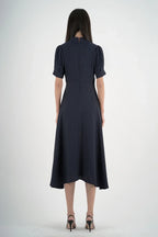Women’s Elegant Navy Blue Tie-Waist Midi Dress