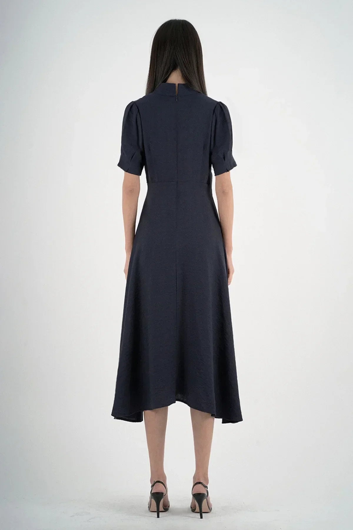 Women’s Elegant Navy Blue Tie-Waist Midi Dress