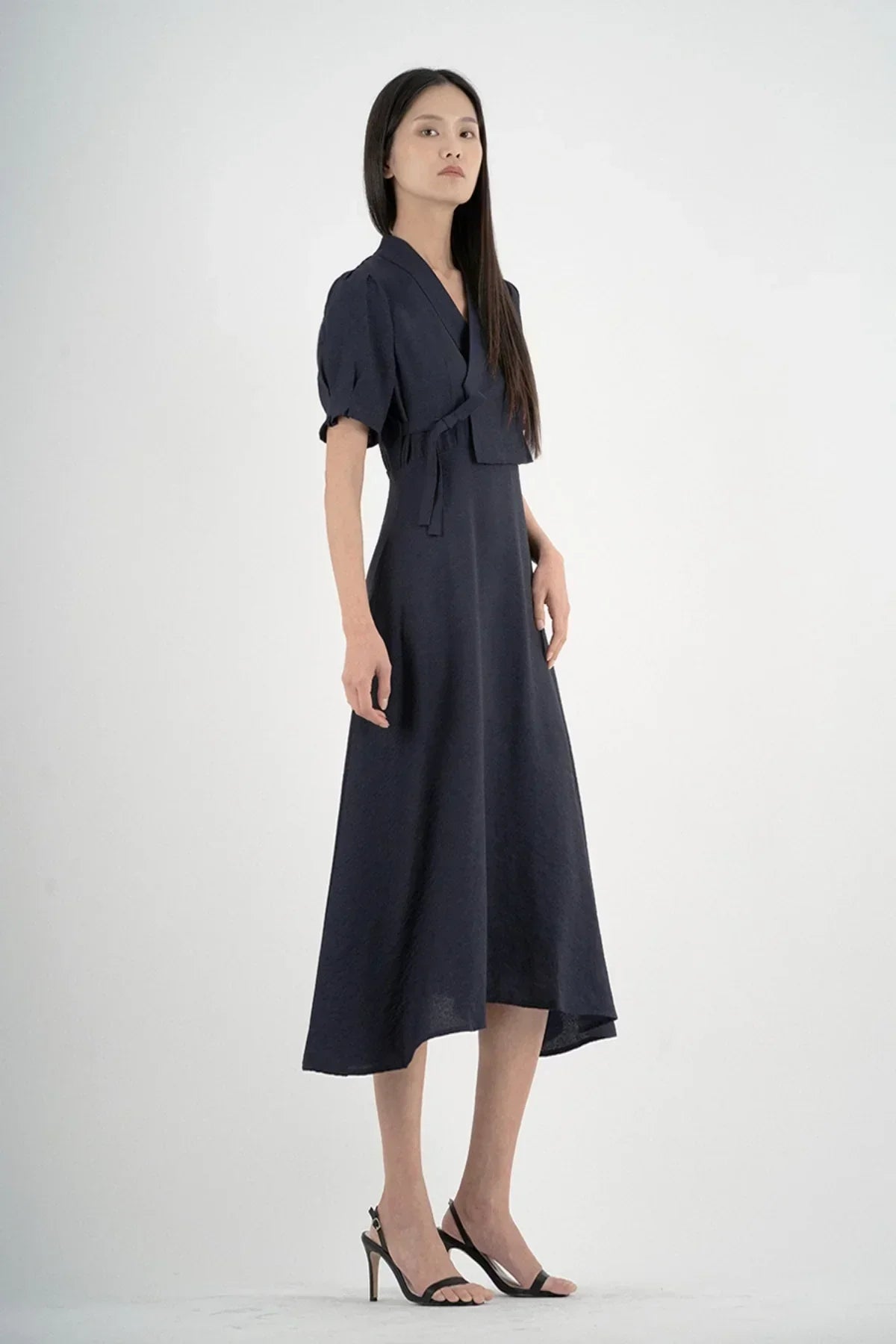 Women’s Elegant Navy Blue Tie-Waist Midi Dress
