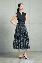 Women’s Black Printed Wrap Midi Skirt with Tie Waist