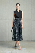 Women’s Black Printed Wrap Midi Skirt with Tie Waist