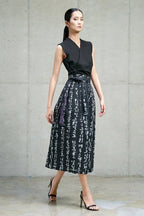 Women’s Black Printed Wrap Midi Skirt with Tie Waist